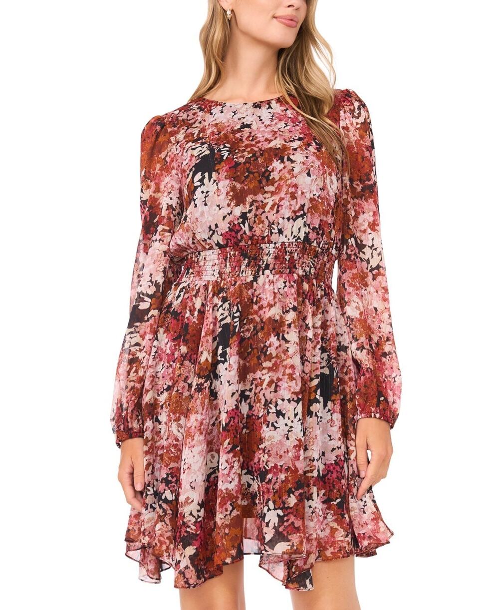 Sam & Jess Mini Dress Womens Large Multicolor Floral Smocked Puff Sleeve NWT